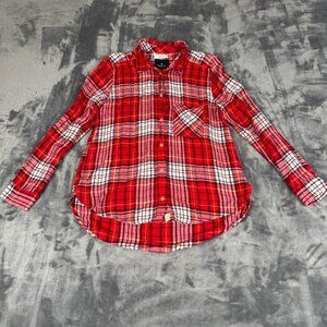 American Eagle Womens Boyfriend Fit Soft Red White Plaid Flannel Shirt Medium